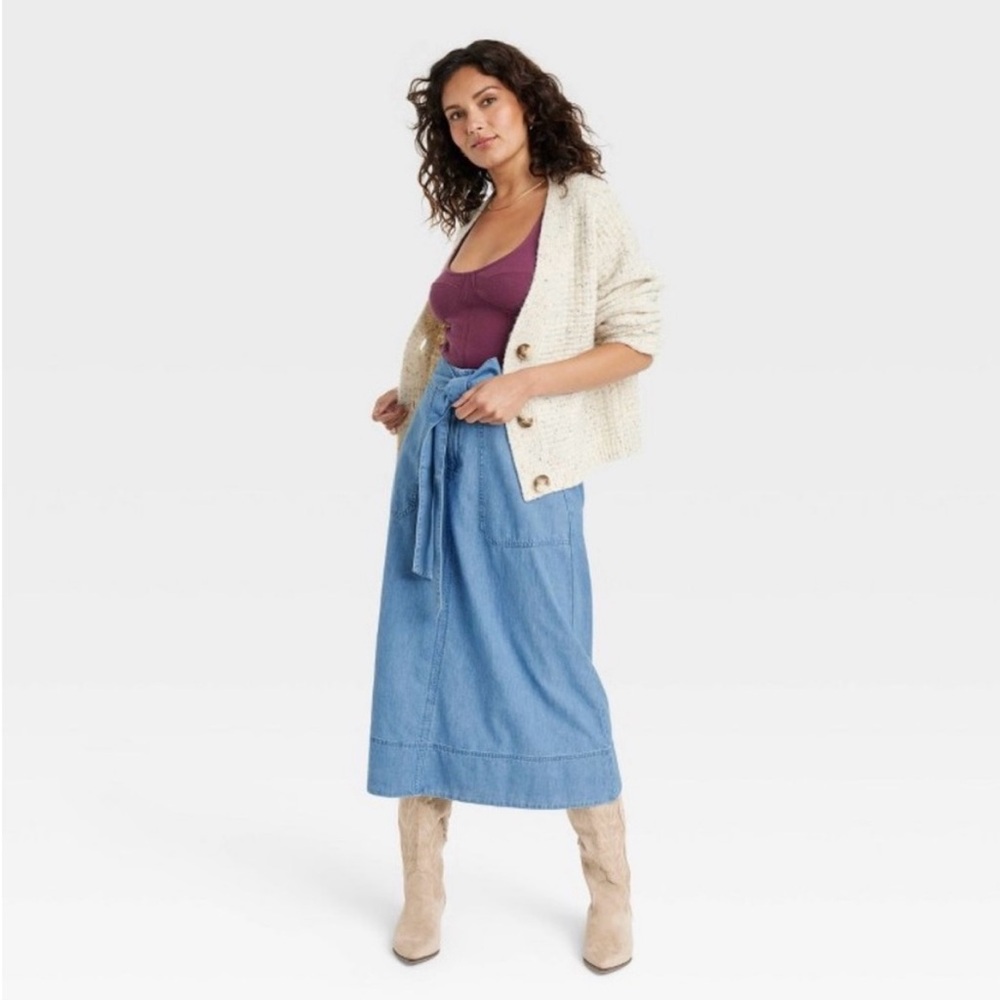 Universal Thread Blue A-Line Midi Skirt with Tie Front